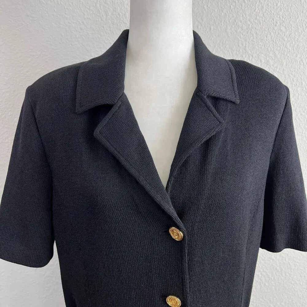 St. John Collection Knit Top Women's 12 Black Button Down Blouse Short Sleeve - Picture 2 of 8